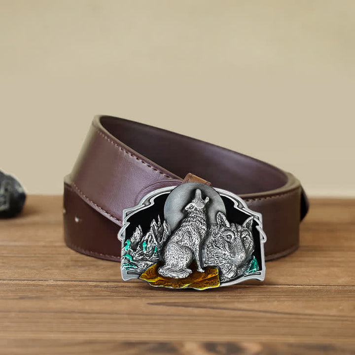 Men's DIY Two Wolves Forest Buckle Leather Belt - Antique Silver - Brown PU Belt (115 cm/46 inch) - image 11