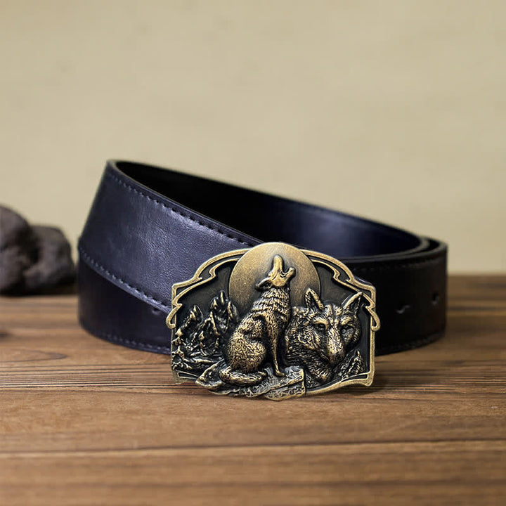 Men's DIY Two Wolves Forest Buckle Leather Belt - Antique Bronze - Black PU Belt (115 cm/46 inch) - image 6
