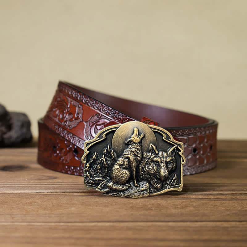 Men's DIY Two Wolves Forest Buckle Leather Belt - Antique Bronze - Brown Carved Belt (115 cm/46 inch) - image 18