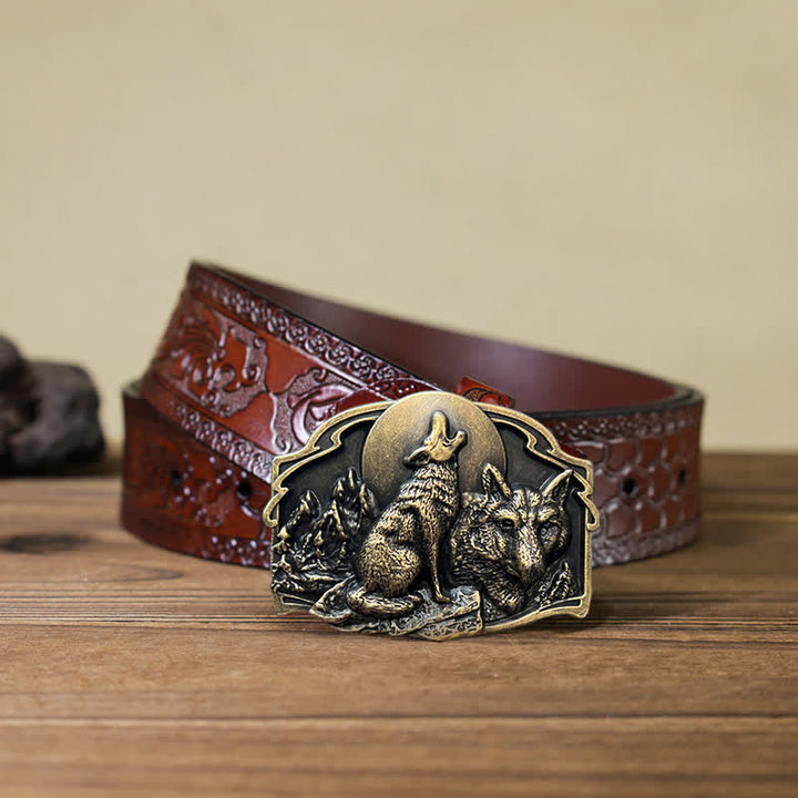 Men's DIY Two Wolves Forest Buckle Leather Belt - Antique Bronze - Brown Carved Belt (115 cm/46 inch) - image 18