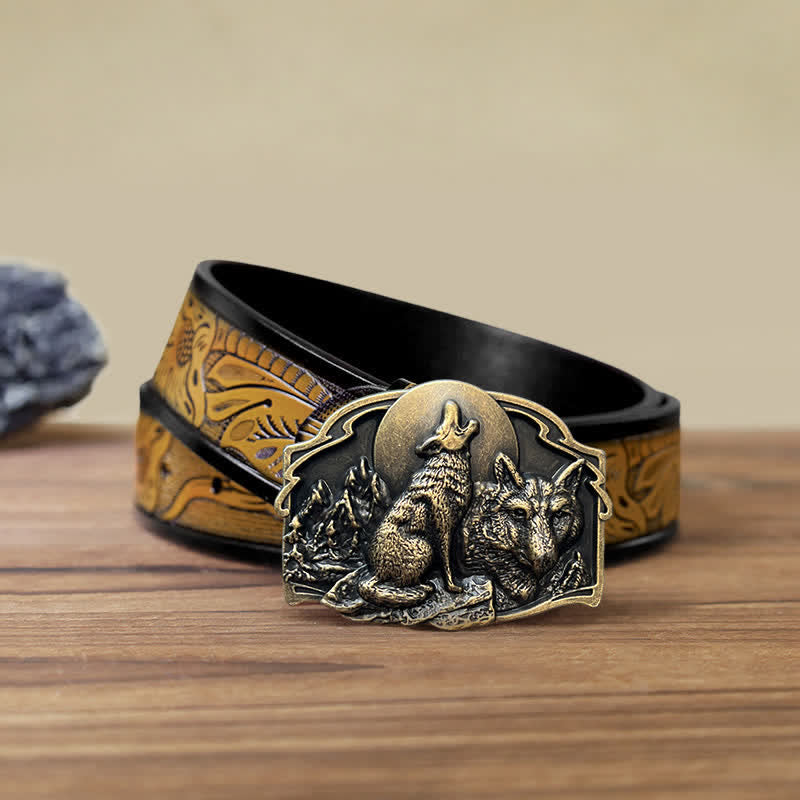 Men's DIY Two Wolves Forest Buckle Leather Belt - Antique Bronze - SandyBrown Belt (115 cm/46 inch) - image 21