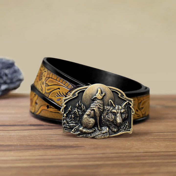 Men's DIY Two Wolves Forest Buckle Leather Belt - Antique Bronze - SandyBrown Belt (115 cm/46 inch) - image 21