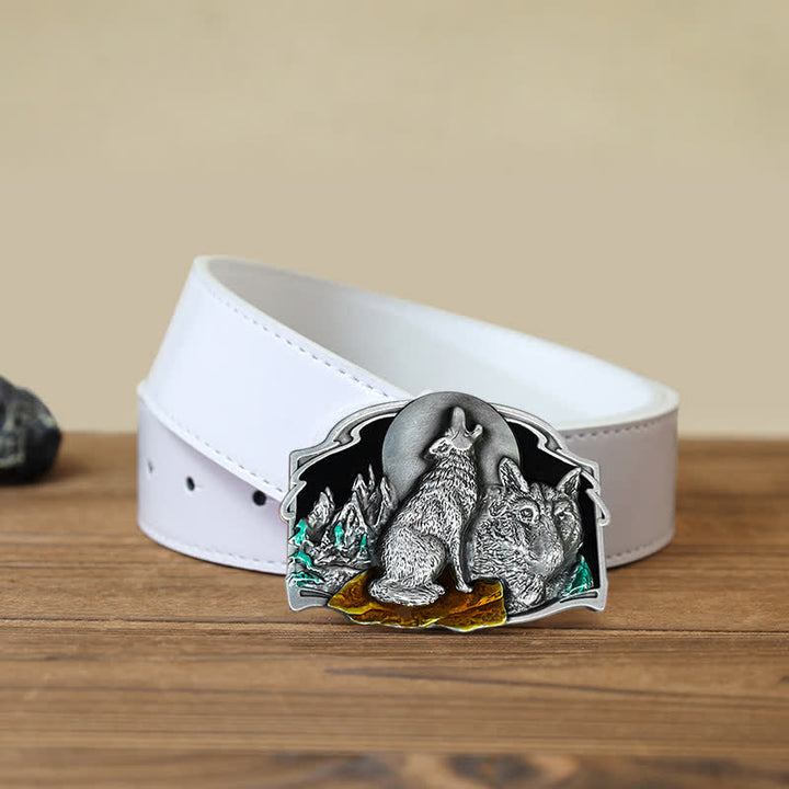 Men's DIY Two Wolves Forest Buckle Leather Belt - Antique Silver - White PU Belt (115 cm/46 inch) - image 8