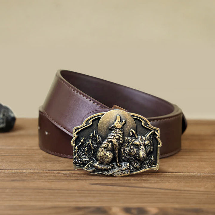 Men's DIY Two Wolves Forest Buckle Leather Belt - Antique Bronze - Brown PU Belt (115 cm/46 inch) - image 12