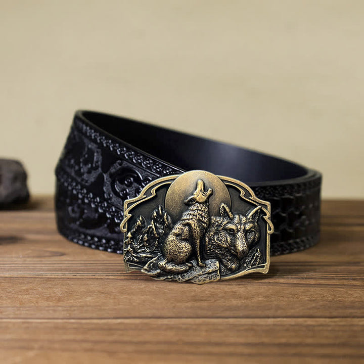 Men's DIY Two Wolves Forest Buckle Leather Belt - Antique Bronze - Black Carved Belt (115 cm/46 inch) - image 15