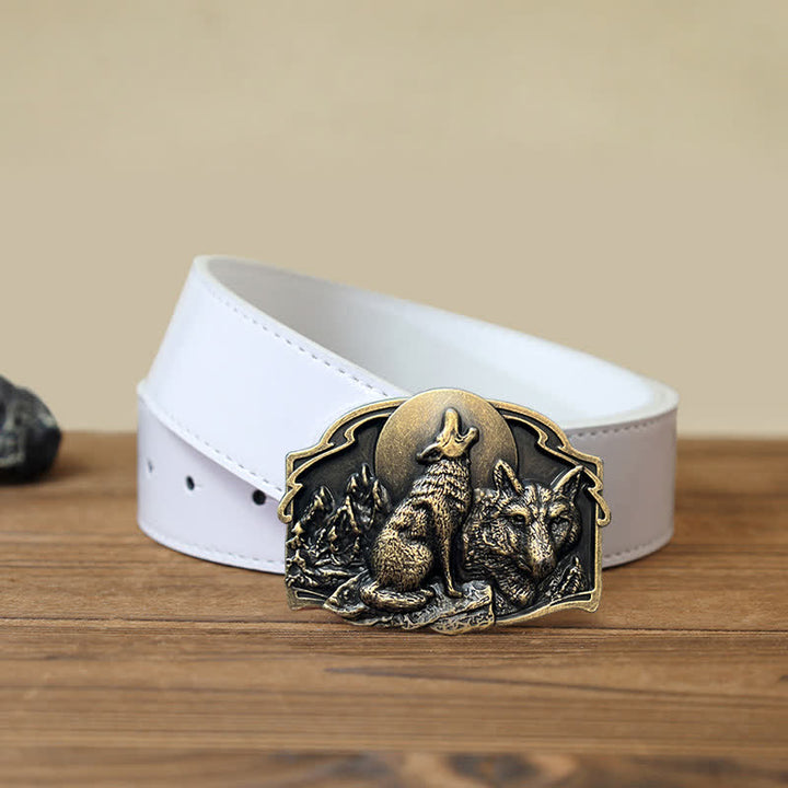 Men's DIY Two Wolves Forest Buckle Leather Belt - Antique Bronze - White PU Belt (115 cm/46 inch) - image 9