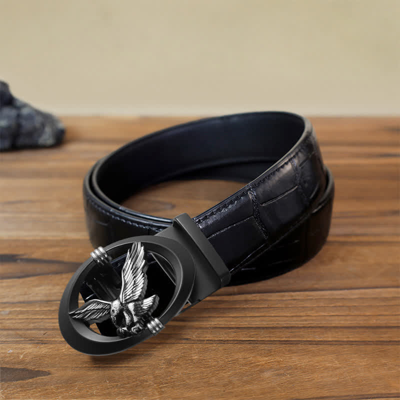 Men's DIY Eagle Black Hollow Automatic Buckle Leather Belt - Silver - Black Crocodile Pattern Belt (40) - image 12