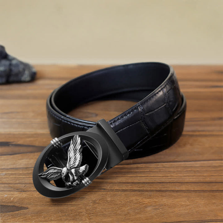 Men's DIY Eagle Black Hollow Automatic Buckle Leather Belt - Silver - Black Crocodile Pattern Belt (40) - image 12