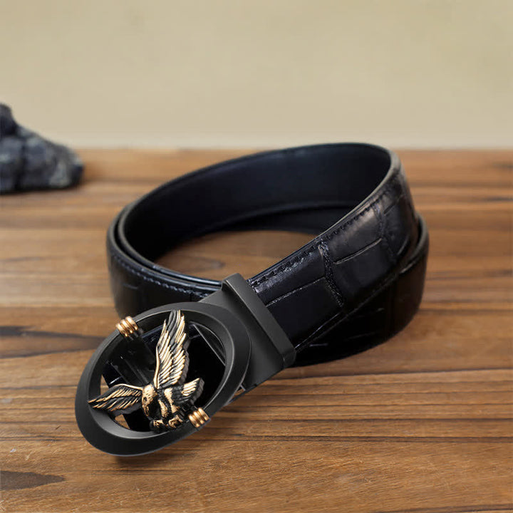 Men's DIY Eagle Black Hollow Automatic Buckle Leather Belt - Gold - Black Crocodile Pattern Belt (40) - image 5