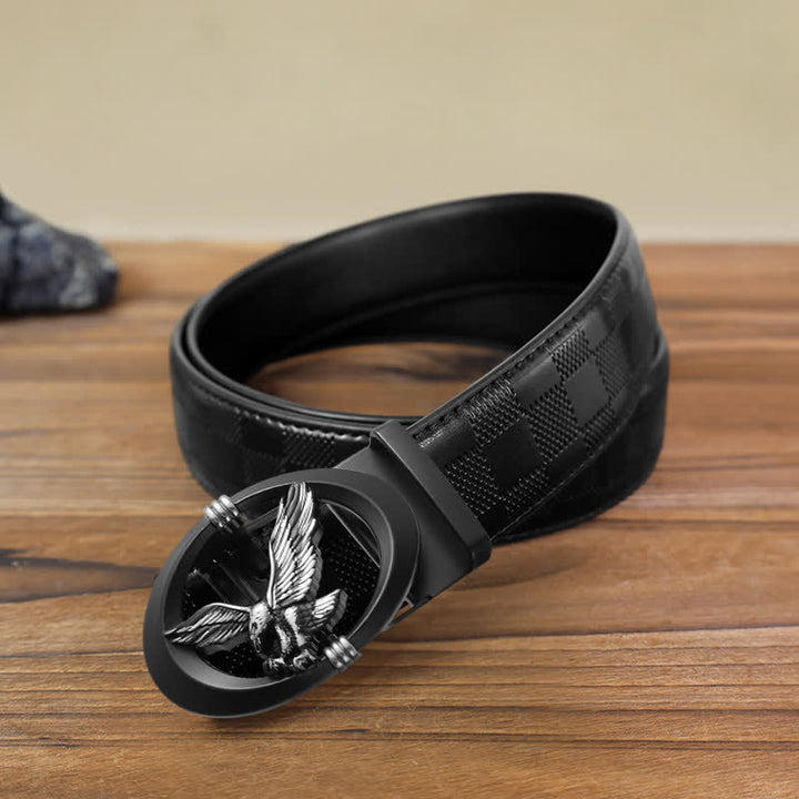 Men's DIY Eagle Black Hollow Automatic Buckle Leather Belt - Silver - Black Checked Pattern Belt (40) - image 16