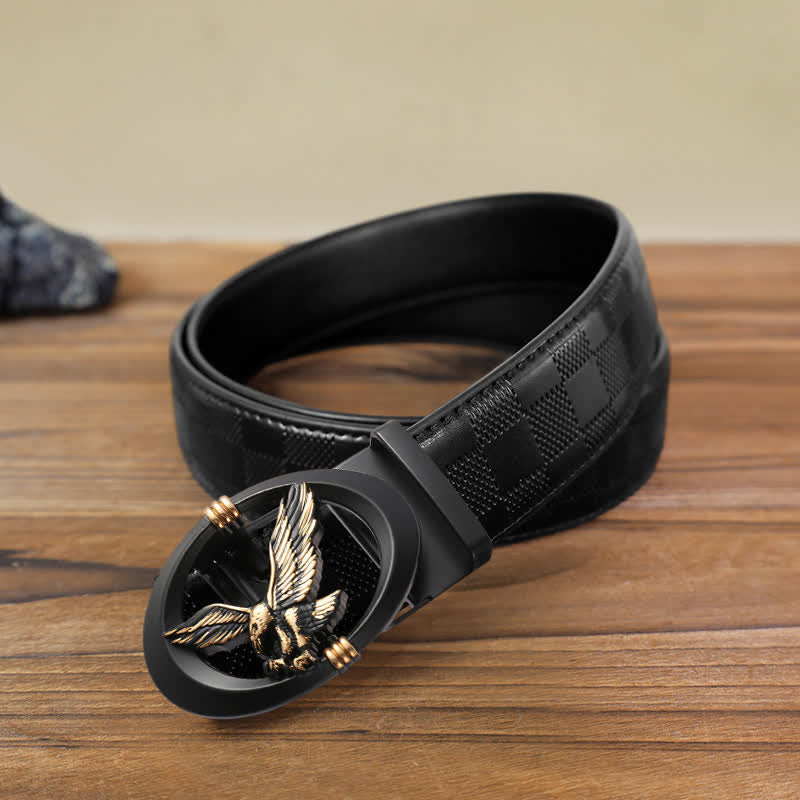 Men's DIY Eagle Black Hollow Automatic Buckle Leather Belt - Gold - Black Checked Pattern Belt (40) - image 9