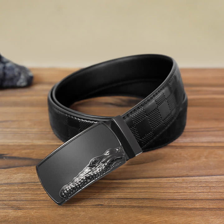 Men's DIY Black Crocodile Head Automatic Buckle Leather Belt - Gray - Black Checked Pattern Belt (40) - image 17