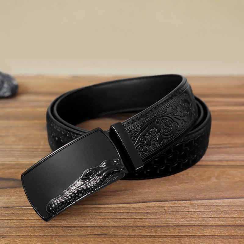 Men's DIY Black Crocodile Head Automatic Buckle Leather Belt - Black - Black Carved Pattern Belt (40) - image 7
