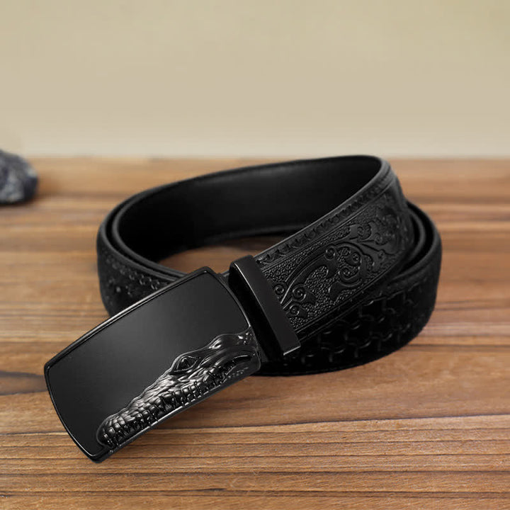 Men's DIY Black Crocodile Head Automatic Buckle Leather Belt - Black - Black Carved Pattern Belt (40) - image 7