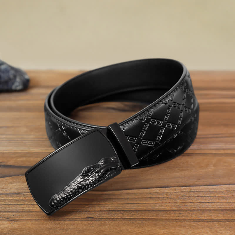Men's DIY Black Crocodile Head Automatic Buckle Leather Belt - Black - Black Diamond Pattern Belt (40) - image 5