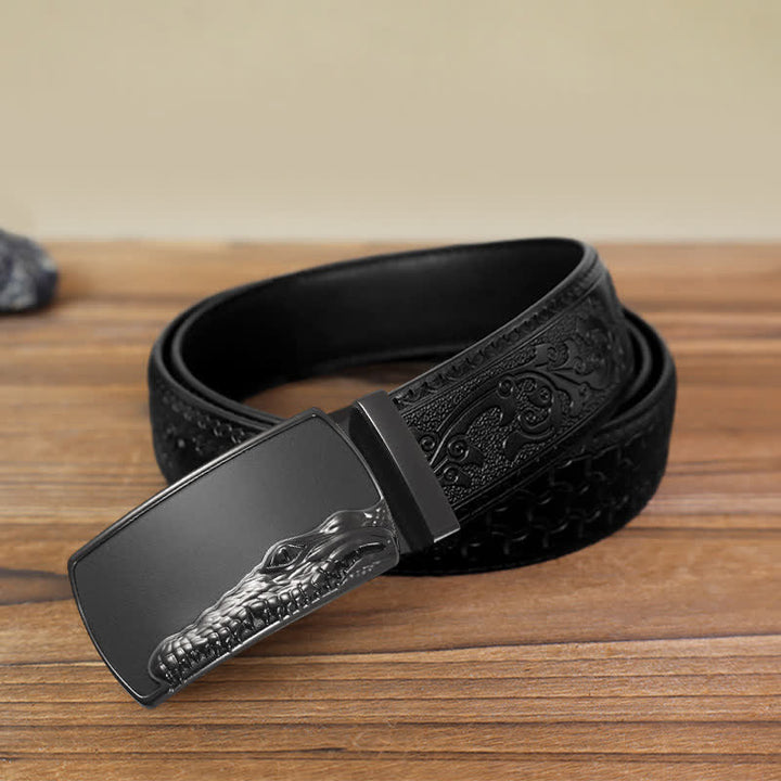 Men's DIY Black Crocodile Head Automatic Buckle Leather Belt - Gray - Black Carved Pattern Belt (40) - image 16