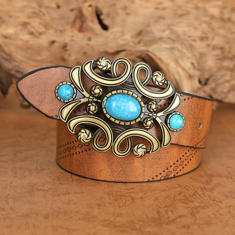 Women's Bohemian Turquoise Stone Floral Buckle Leather Belt - image 1