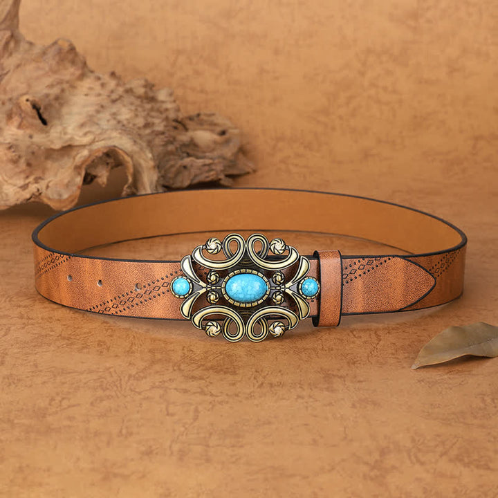 Women's Bohemian Turquoise Stone Floral Buckle Leather Belt - image 3