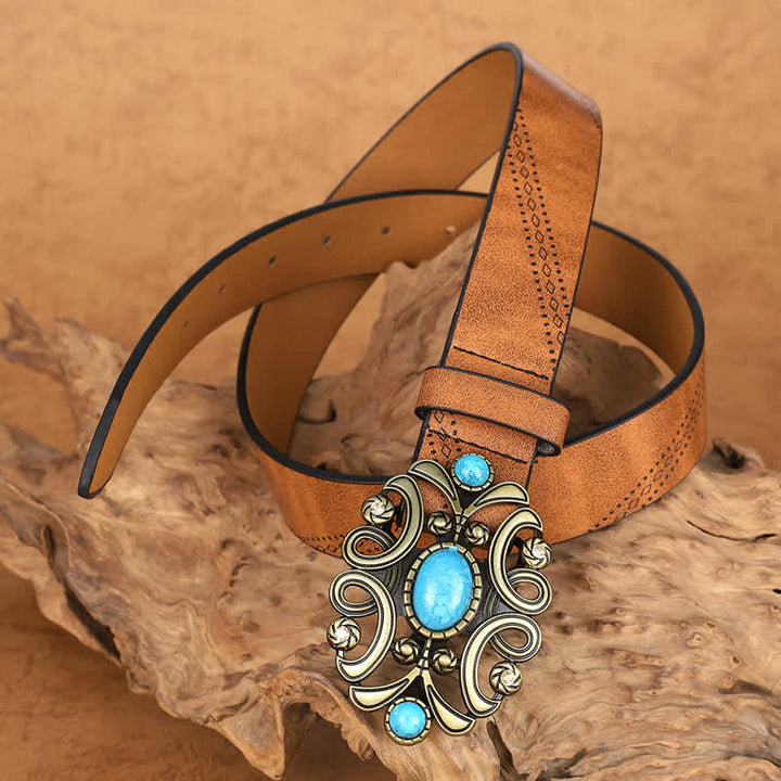 Women's Bohemian Turquoise Stone Floral Buckle Leather Belt - image 2
