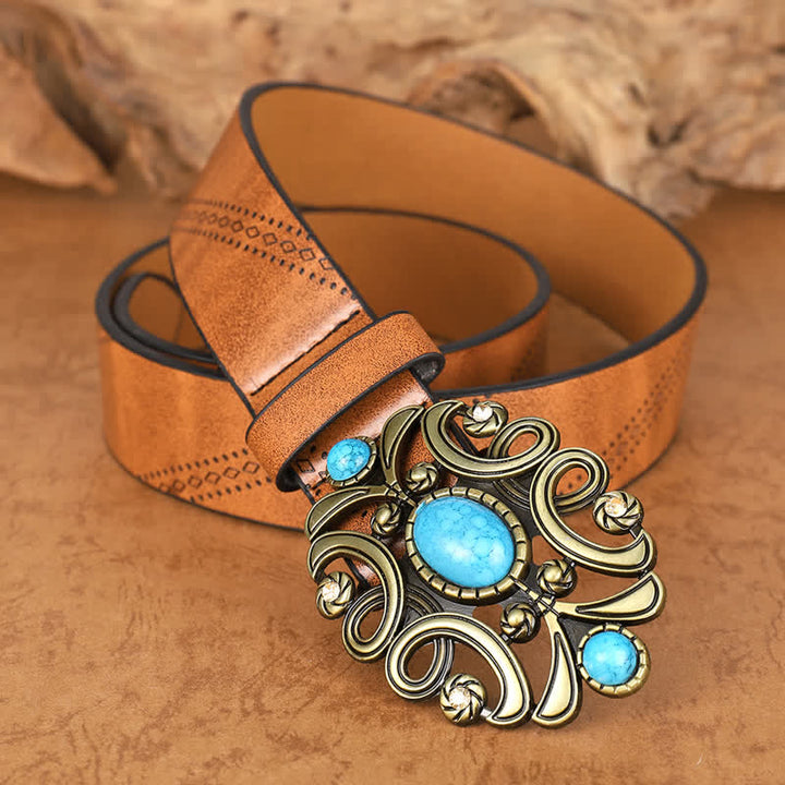 Women's Bohemian Turquoise Stone Floral Buckle Leather Belt - Chocolate - 36 - image 0