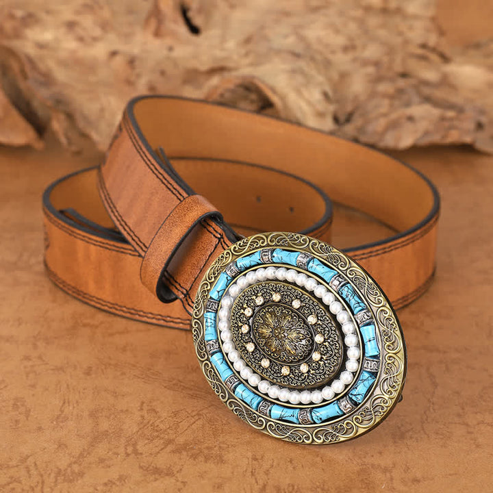 Women's Turquoise Pearl Boho Medallion Buckle Leather Belt - Chocalate - 36 - image 0