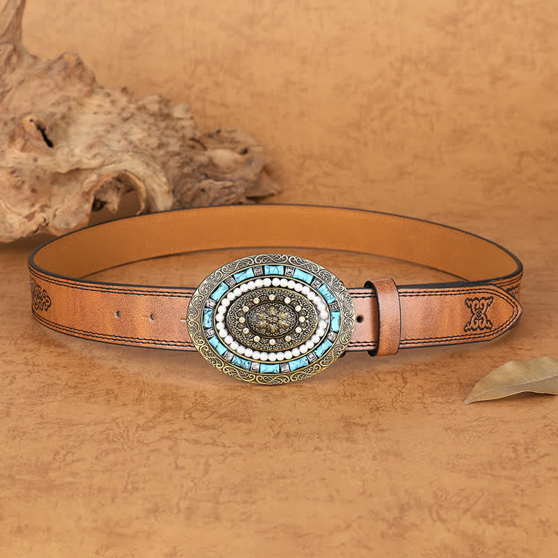 Women's Turquoise Pearl Boho Medallion Buckle Leather Belt - image 3