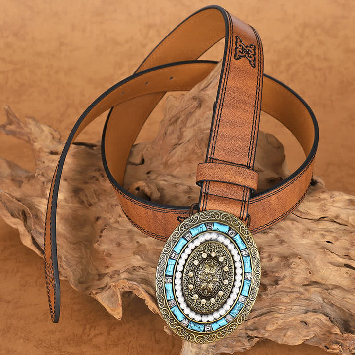Women's Turquoise Pearl Boho Medallion Buckle Leather Belt - image 2