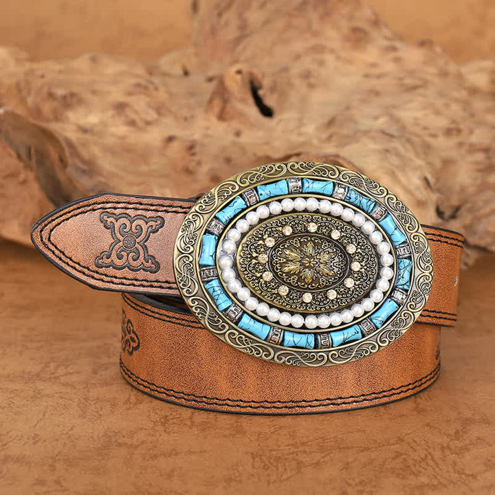 Women's Turquoise Pearl Boho Medallion Buckle Leather Belt - image 1