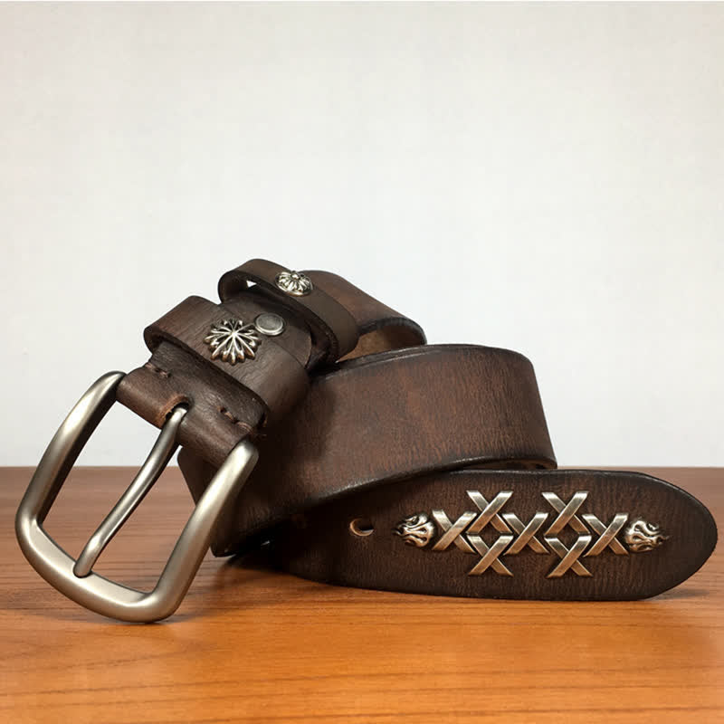 Men's Retro Decorative Carving Rivet Leather Belt - image 11
