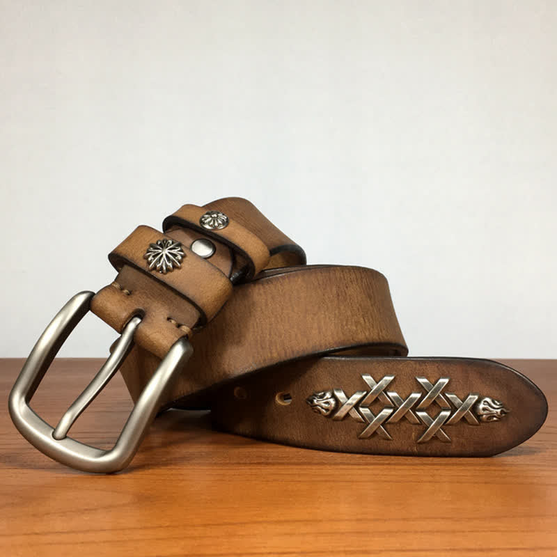 Men's Retro Decorative Carving Rivet Leather Belt - image 4