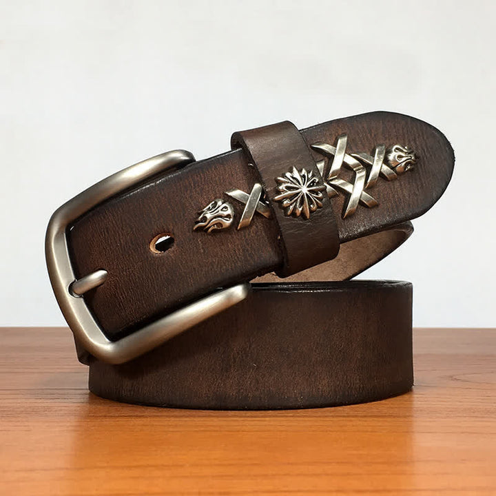Men's Retro Decorative Carving Rivet Leather Belt - Coffee - 44 - image 10