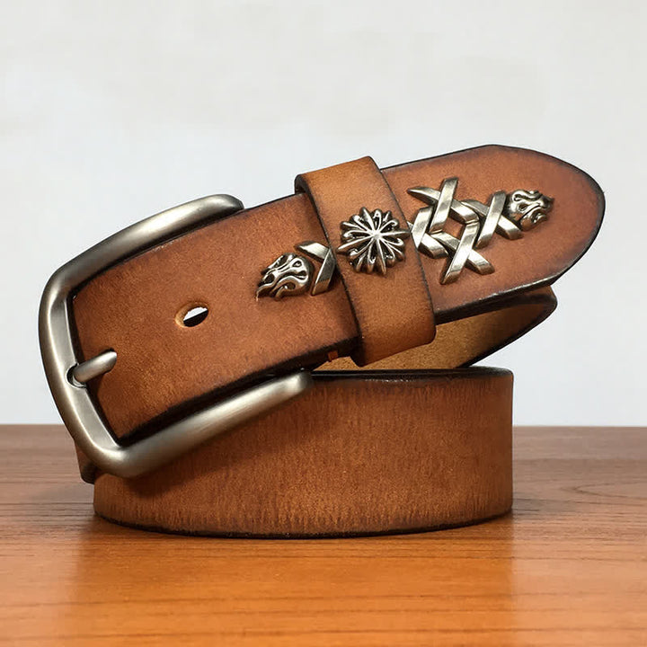 Men's Retro Decorative Carving Rivet Leather Belt - Light Brown - 44 - image 13