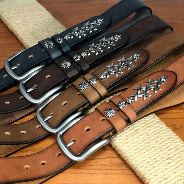 Men's Retro Decorative Carving Rivet Leather Belt - image 1