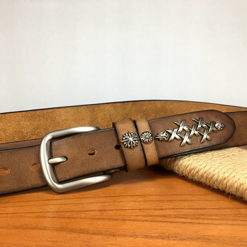 Men's Retro Decorative Carving Rivet Leather Belt - image 6