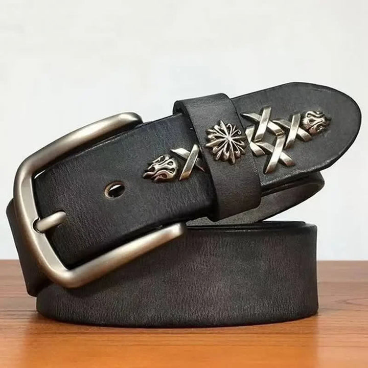 Men's Retro Decorative Carving Rivet Leather Belt - Dark Gray - 44 - image 7