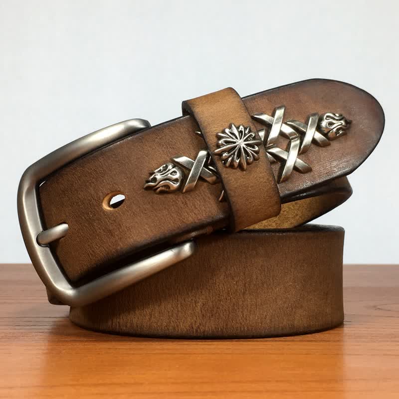 Men's Retro Decorative Carving Rivet Leather Belt - Khaki - 44 - image 0