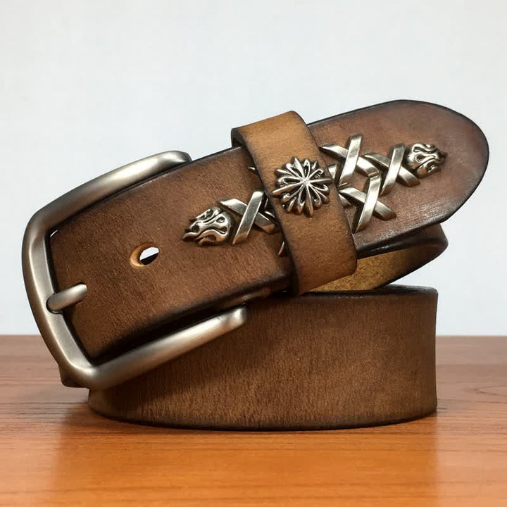 Men's Retro Decorative Carving Rivet Leather Belt - Khaki - 44 - image 0