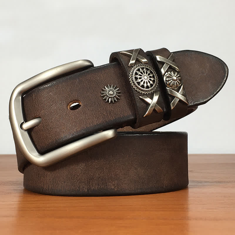 Men's Unique Rivet Studded Handmade Leather Belt - Coffee - 44 - image 0