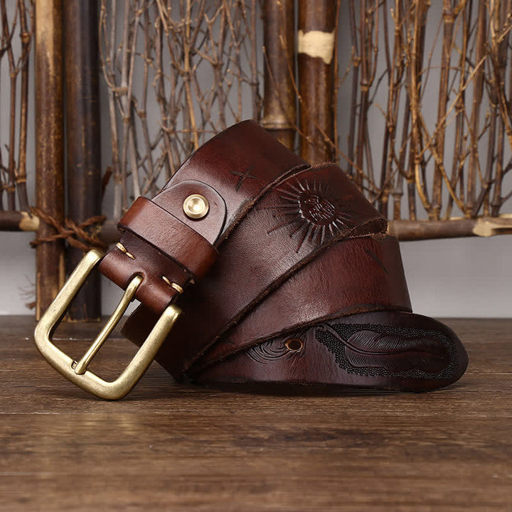 Men's Embossed Feather Pattern Pure Leather Belt - Brown - 44 - image 11