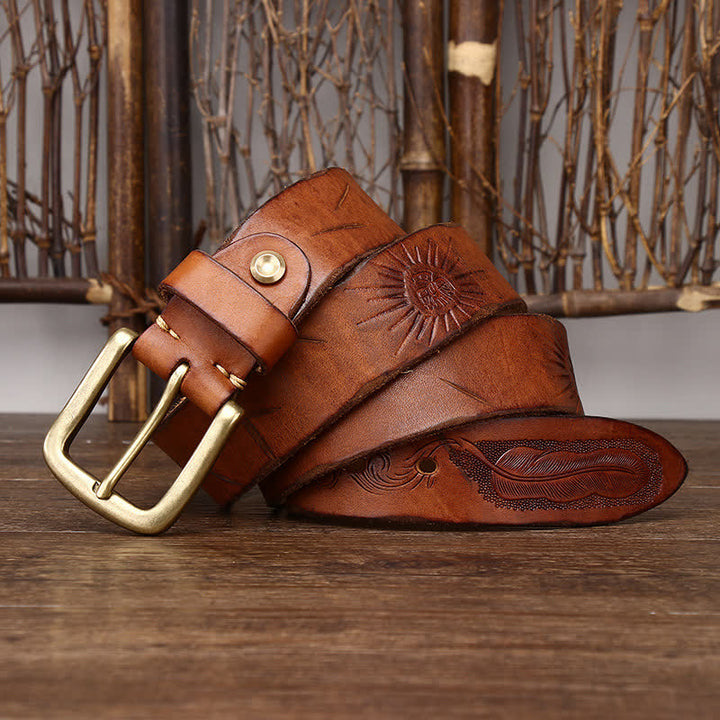 Men's Embossed Feather Pattern Pure Leather Belt - Orange - 44 - image 0
