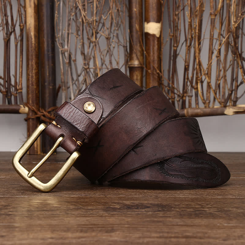Men's Embossed Feather Pattern Pure Leather Belt - Coffee - 44 - image 8