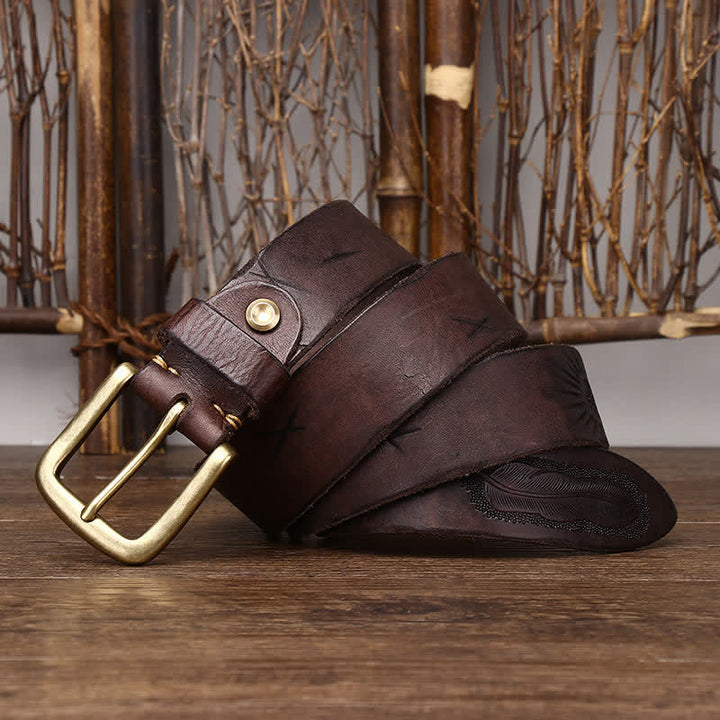 Men's Embossed Feather Pattern Pure Leather Belt - Coffee - 44 - image 8