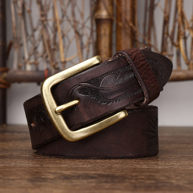 Men's Embossed Feather Pattern Pure Leather Belt - image 10