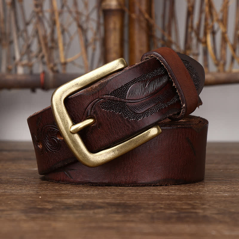 Men's Embossed Feather Pattern Pure Leather Belt - image 13
