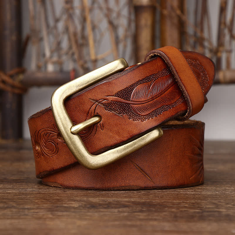 Men's Embossed Feather Pattern Pure Leather Belt - image 4