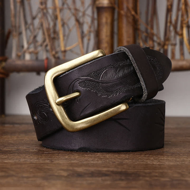 Men's Embossed Feather Pattern Pure Leather Belt - image 7