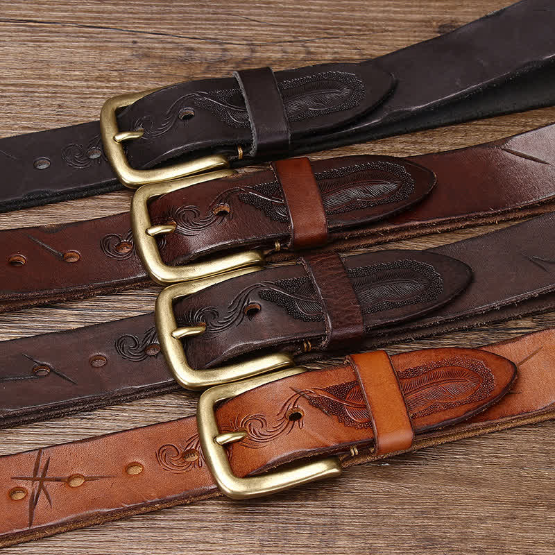 Men's Embossed Feather Pattern Pure Leather Belt - image 1