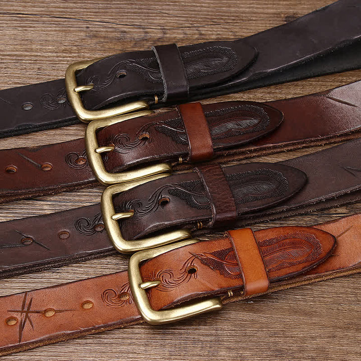 Men's Embossed Feather Pattern Pure Leather Belt - image 1