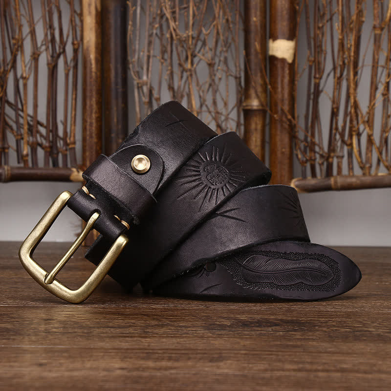 Men's Embossed Feather Pattern Pure Leather Belt - Black - 44 - image 5