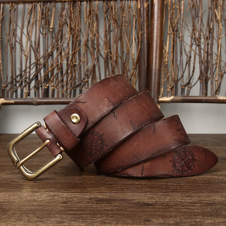 Men's Distressed Embossed Rudder Pattern Leather Belt - Brown - 44 - image 0